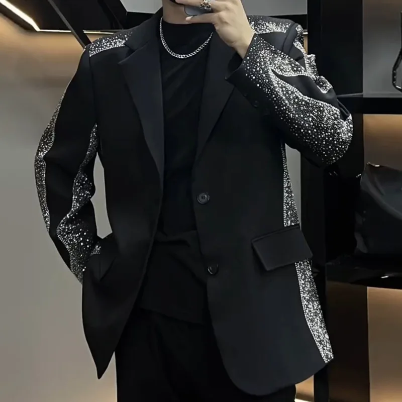 2023 Men Luxury Diamond Punk Slim Blazer Jacket Korean Style Heavy Industry Suit Coat Jacket Club Party Blazer Men Stage Suit