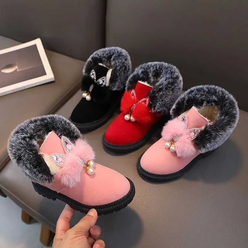 

Children Winter Boots Warm Furry Hairy Girls Fashion Princess Ankle Boots Soft Plush Luxury Rhinestone Kids Thermal Cotton Boots