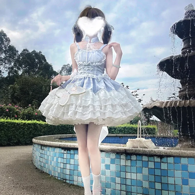 MAGOGO Japanese Sweet Lolita JSK Princess Dress Women Lace Ruffles Party Dresses Girls Harajuku Cute Bandage Y2k Mini Dress