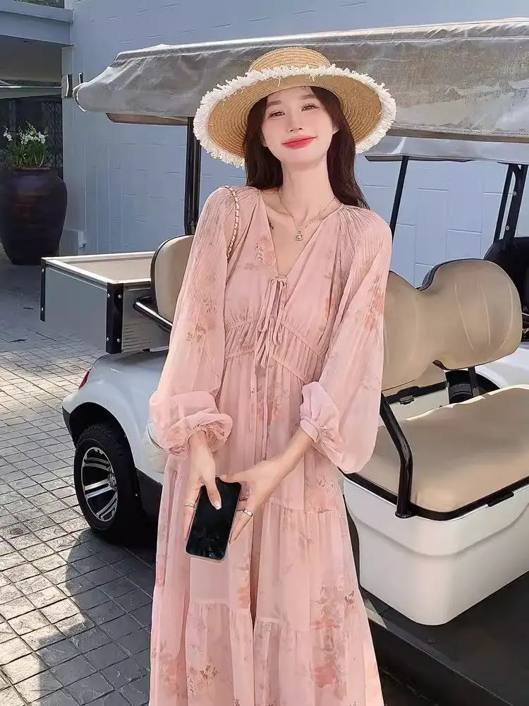 Fashion Flower Lace-up Bohe Party Dress Sexy Deep V-neck Lantern Long Sleeve Beach Dress Women Spring Elegant Swing Long Dresses