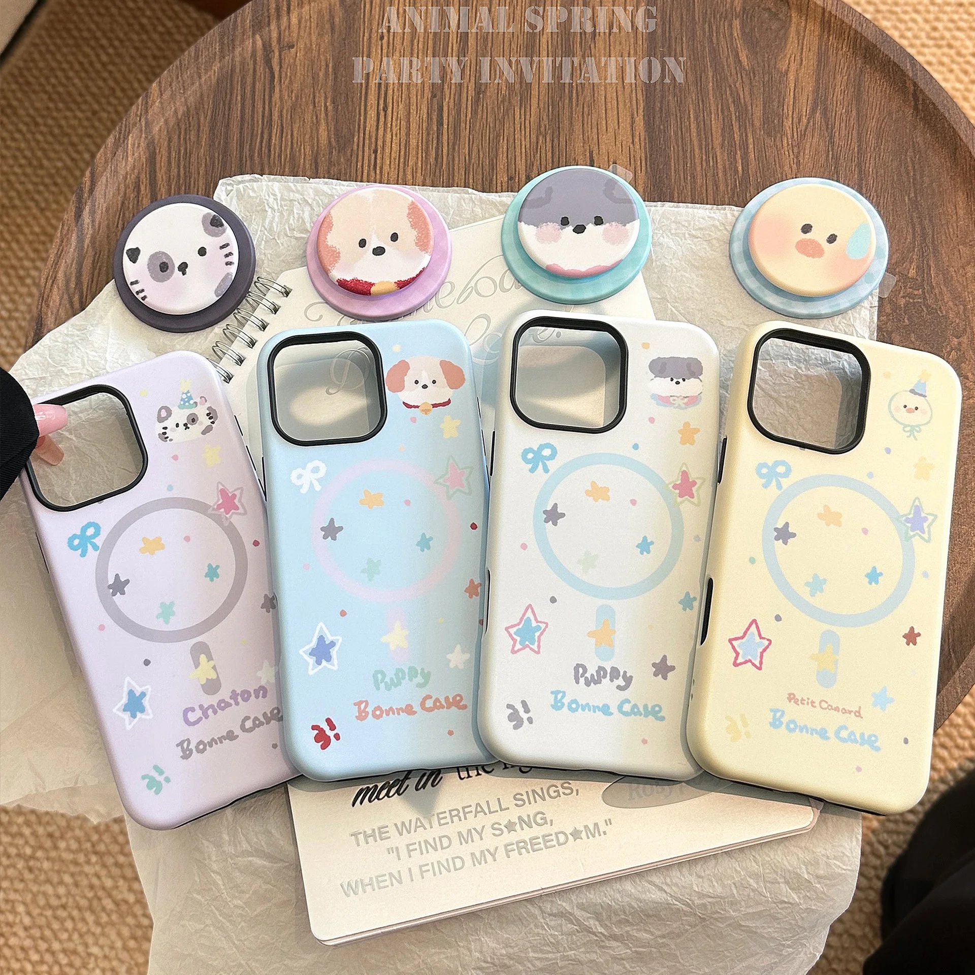 Koreanische süße Sterne Cartoon Tiere Halterung magnetische Handyhülle für iPhone 17 Air 12 13 14 15 11 16 Pro Max stoßfeste Hardcover