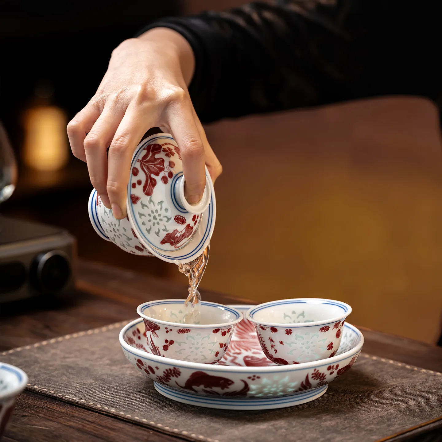 High-End Red Fish and Algae Pattern Exquisite Tureen Jingdezhen Ceramic Tea Set Bowl New Chinese Xi Ya Ware