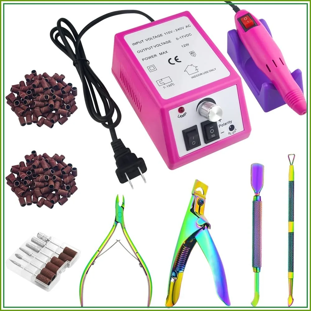 Electric Nail Drill Kit 206PCS Sanding Bands Manicure Set for Acrylic Gel Nails, Pink