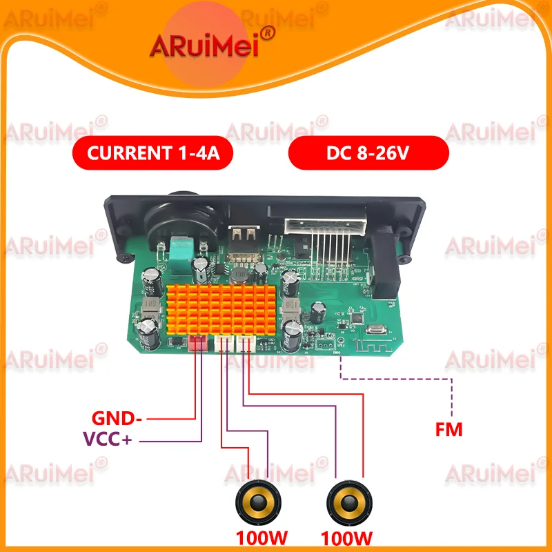 2x100W Car Bluetooth 5.0 Amplifier Board, MP3 Decoder with FM Radio/TF/USB/Recording/Handsfree Call DC 8-24V Stereo Audio System