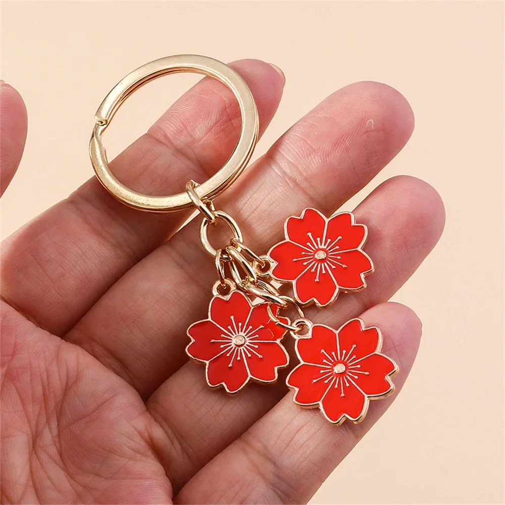 Colorful Enameled Flowers Charms Keychain Simple Cherry Blossom Tassel With Key Holder For Women Purse Bag Decor Accessories