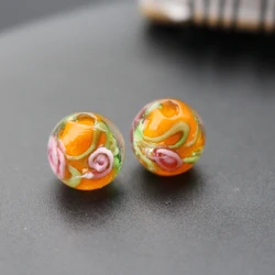 10Pcs 12mm Handmade Glass lampwork beads Flower with Green leaf Multi-Color  for jewelry Bracelet Earring Necklace Charmsmaking