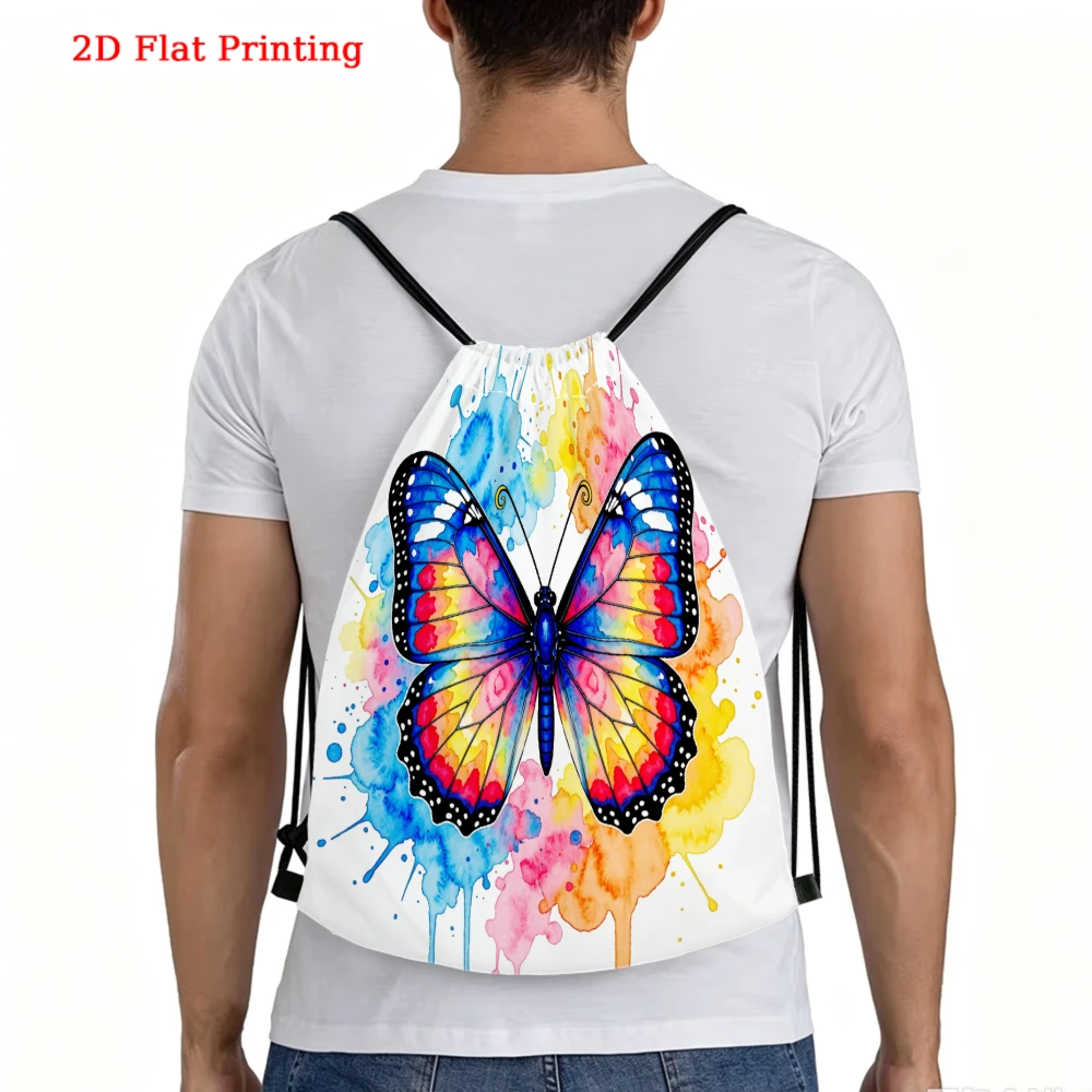 Vibrant Watercolor Butterfly, Drawstring Backpack, 2D Flat Printing Colorful Wings Design, Gym Sports Bag, Outdoor Travel Sack