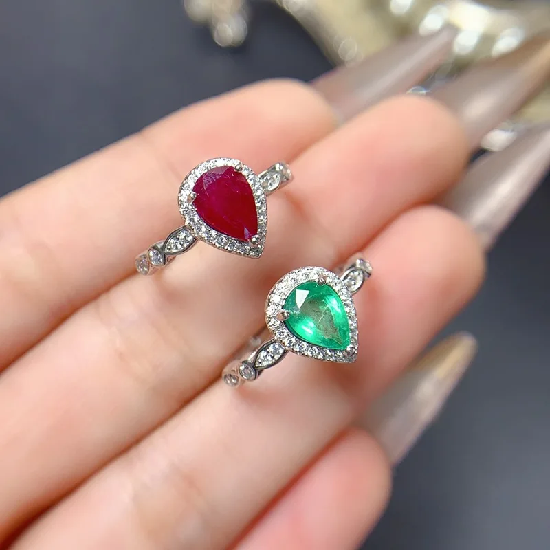 

Natural Teardrop Emerald Ring, 925 Silver Setting 6x8mm Main Stone Adjustable, Luxury Gemstone Jewelry Gift for Women