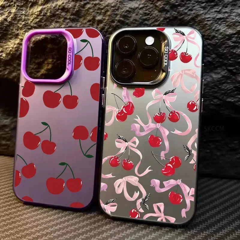 Laser Silver Phone Case For iPhone 16 15 14 13 12 11 Pro Max XS X XR 7 8 15 14 Plus SE Cherry bowknot Pattern Bumper Hard Cover