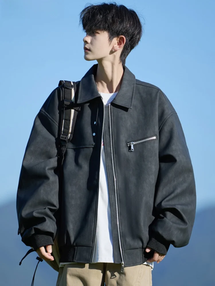 

Retro American Sle Men's Leather Jaet Autumn Faionable Loose Motorcycle Waed Flip Collar Casual PU Leather Coat