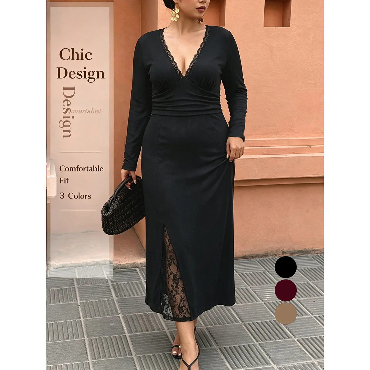 Plus. Size. Women's Long Sleeve Clothes Lace V-neck Waist-cinching Mid-length Clothes With Fatigue Smart Fit Clothes