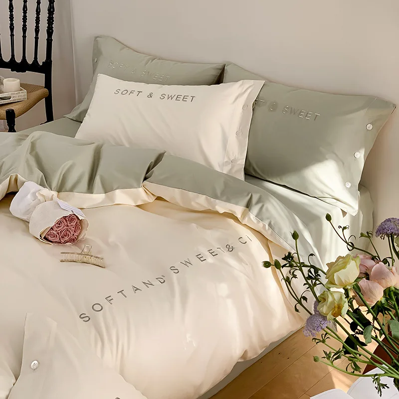 

Letter Embroidery All Cotton Four Piece Set with Twill 13372 Pure Cotton Quilt Cover Nordic Bed Sheet and Fitted Sheet