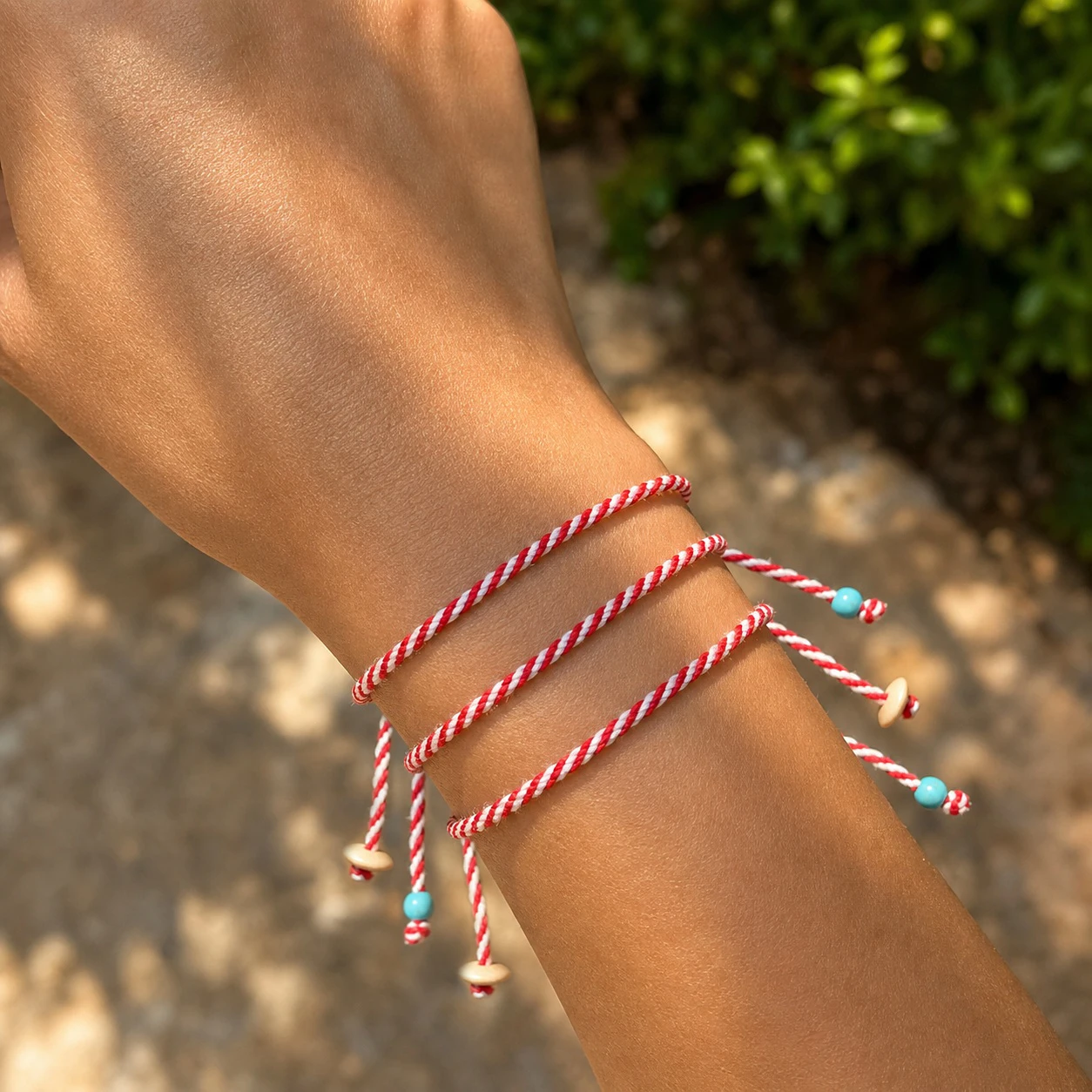 3pcs Red White Braided Cotton Wrap Bracelet with Round Beads Lace Up Tie Closure Casual Sporty Cord Bracelet for Unisex