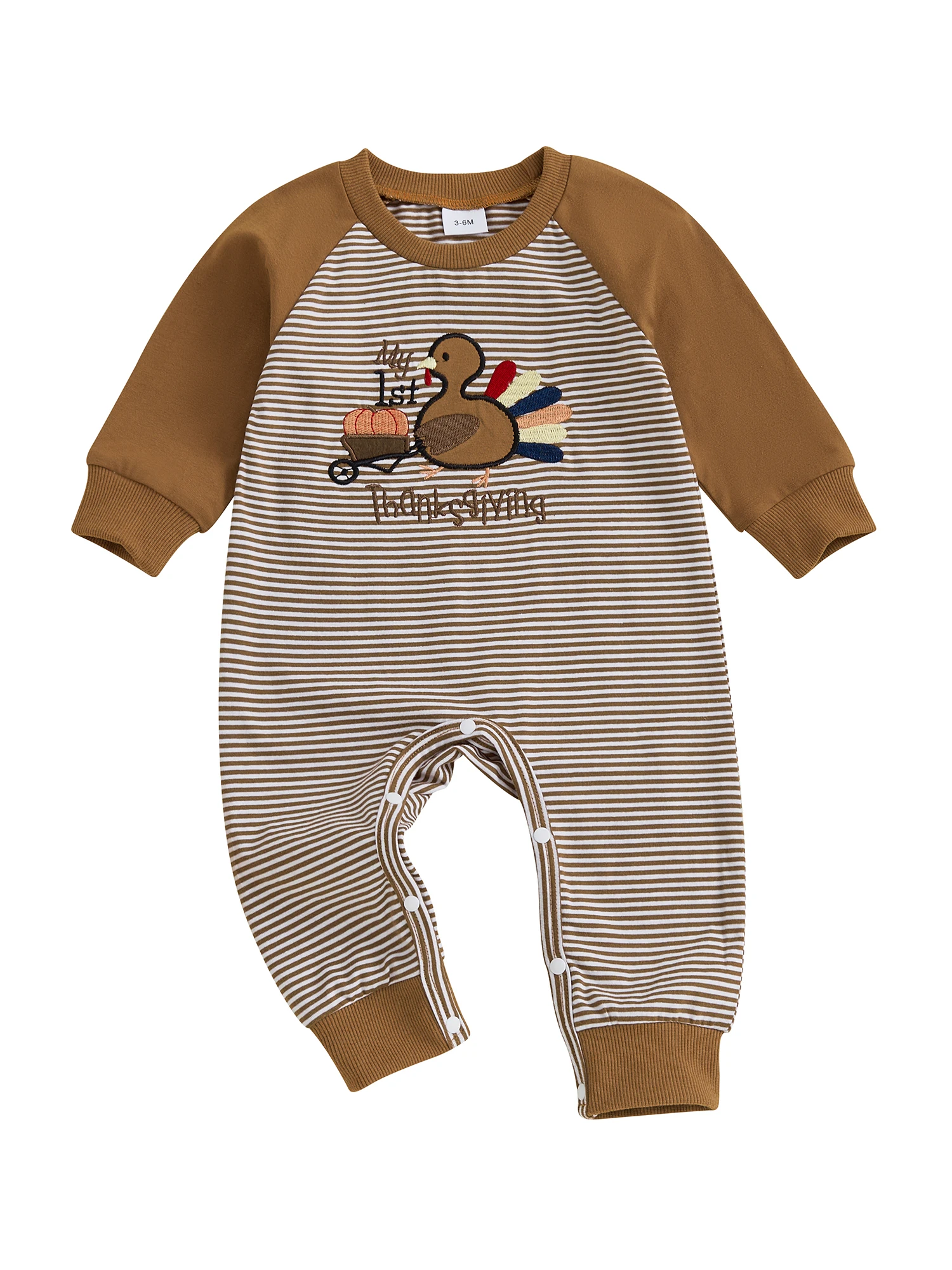 

Комбинезон для маленьких мальчиков на День Благодарения с милой индейской вышивкой, полосатый комбинезон с длинными рукавами и круглым вырезом для праздничных торжеств