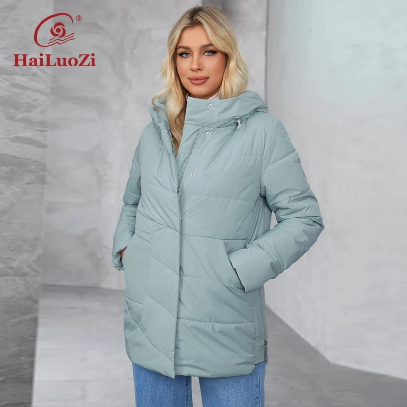 HaiLuoZi 2024 new Plus Size women's coat Hooded side pockets winter thin classic high quality women's winter coat 3303