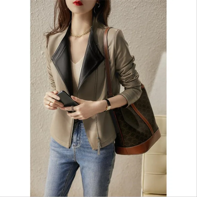 Women Short Black Apricot Jacket Genuine Leather Jacket Sheep Leather Collarless Stand Up Collar Jacket