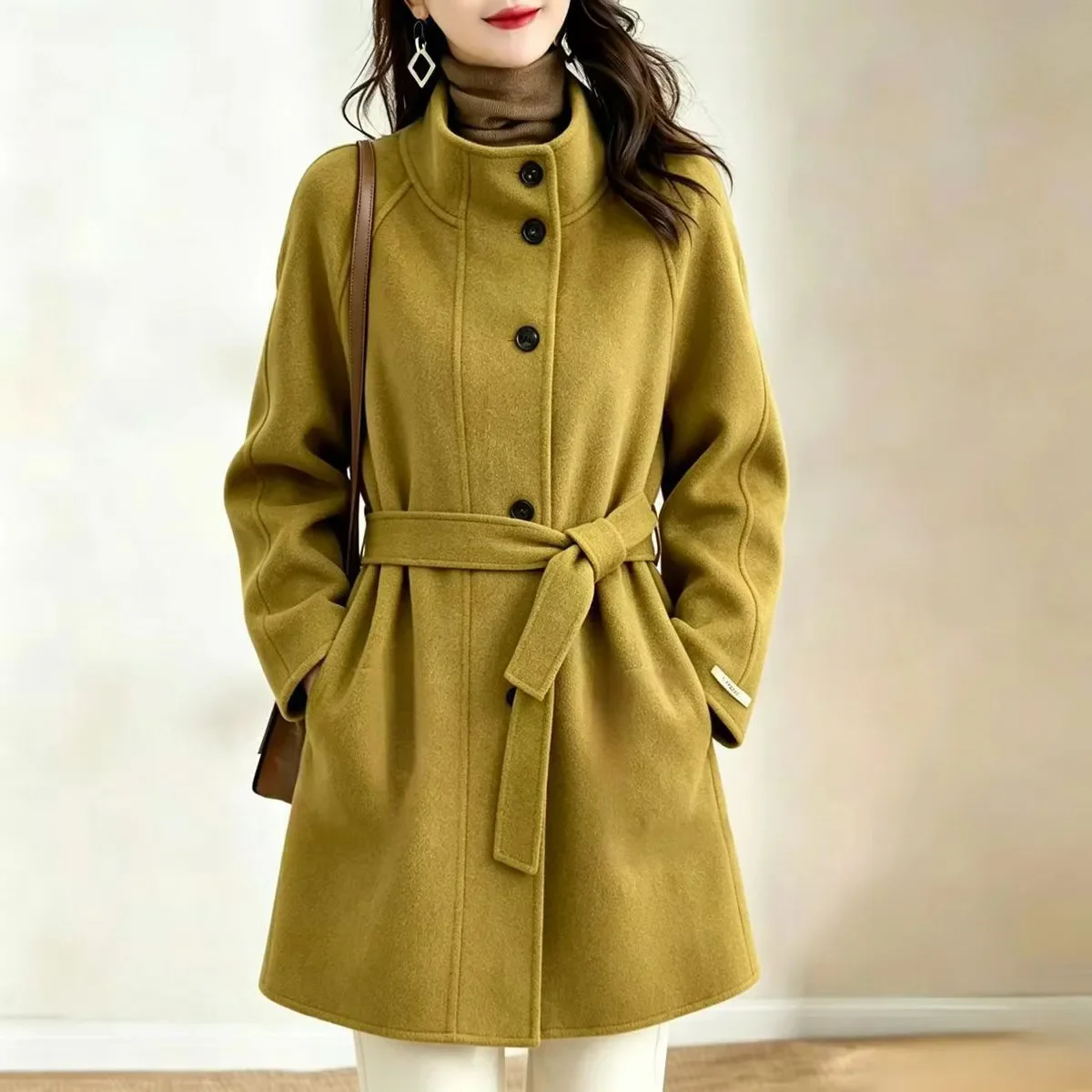 Stand Collar Wool Blend Coat Women Single Breasted Belted Waist Mid-Length Loose Overcoat Ladies Autumn Winter Outerwear