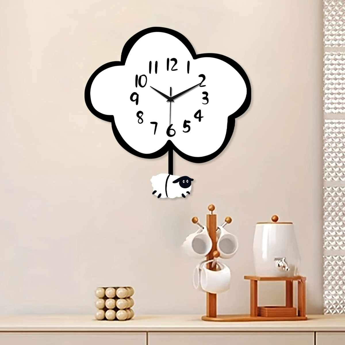 A Modern Cute Wooden Cloud Sheep Large Swinging Wall Clock, Battery-Powered, Silent Swinging Clock for Living Room, Bedroom, Home, Kitchen, Aesthetic Room Decoration, Unique Gift (Battery Not Included) - view 6