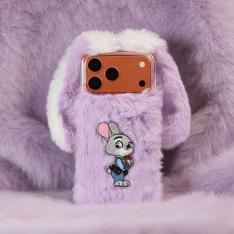 

Suitable for Iphone Cute Bunny Plush Phone Case 3D Ears Design Warm Furry Shockproof Protective Cover for Winter Kawaii Girls