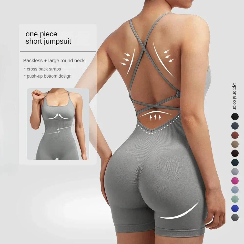 Seamless Gym Workout Clothes for Women Fitness Jumpsuit Ensemble Female Active Wear Short Sport Suit Backless Yoga Set Bodysuit