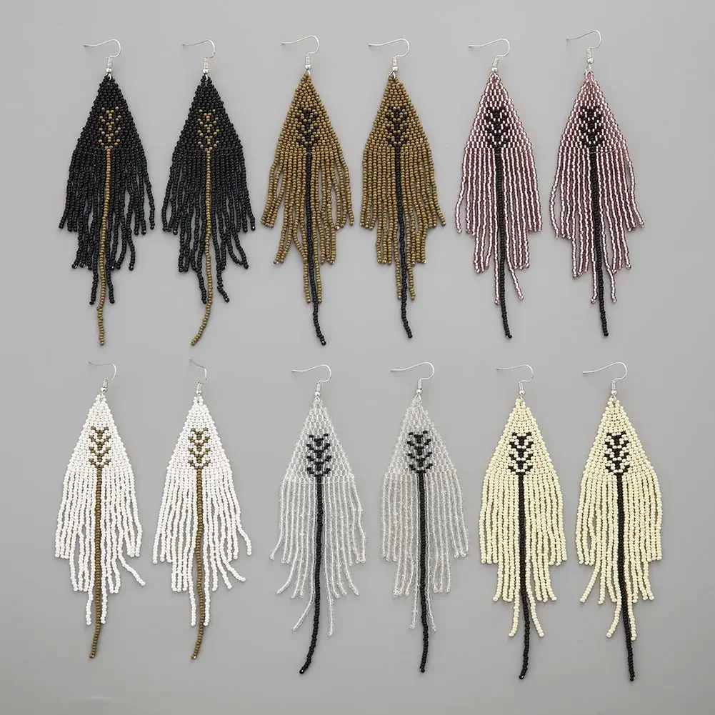 ต่างหูลูกปัด Tassels Vintage ใบอินเทรนด์ Minimalist Hand-ทอ Bohemian Alloy ผู้หญิงข้าวต่างหูลูกปัด