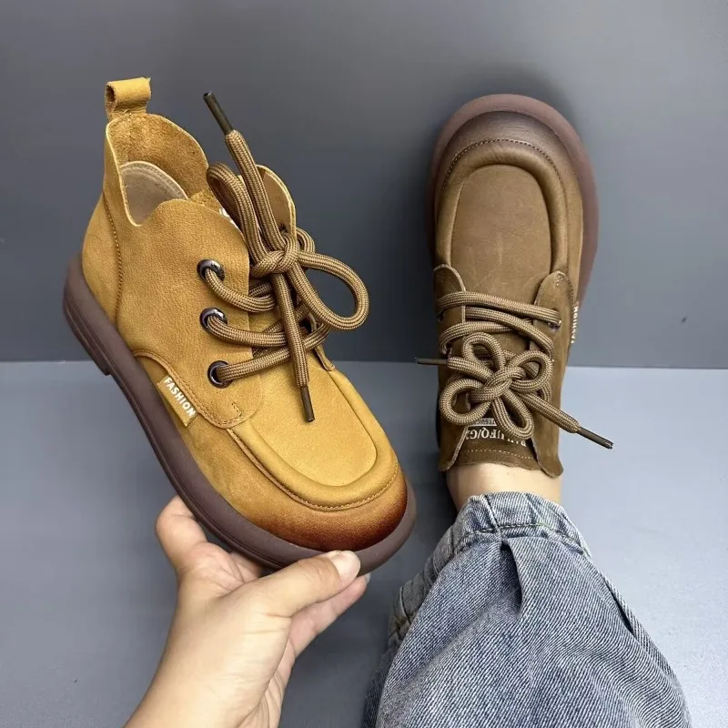 

Women's Ankle Boots Lace Up Autumn New Style Handmade Retro Round Toe Short Boots Casual Soft Sole Anti Slip Comfort Women Boots