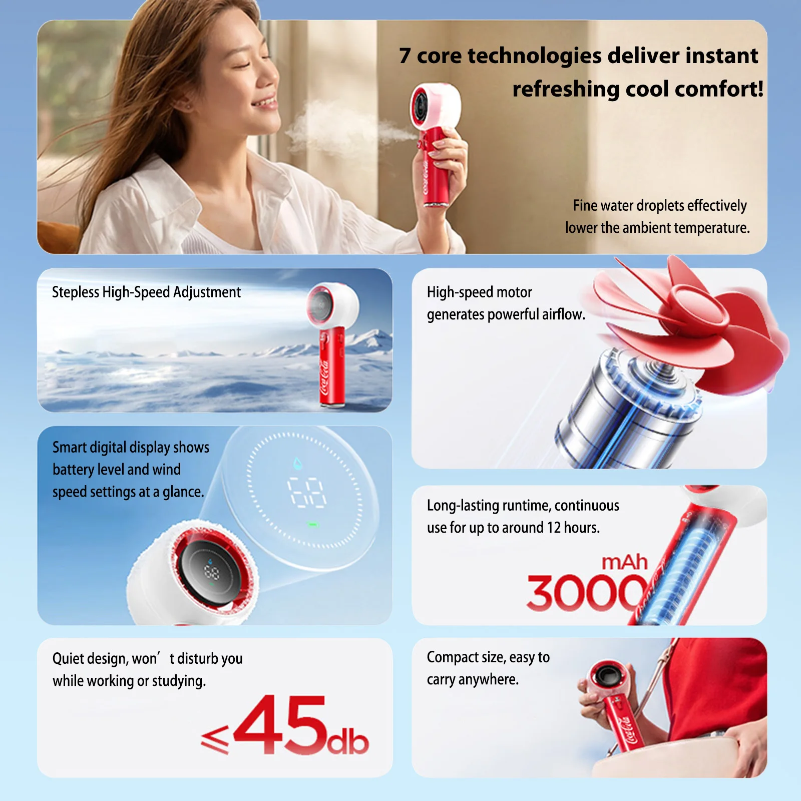 Coca Cola Mini Water Mist Spray Fan 3000mAh 5 Speeds Portable Handheld Spray Fan USB Rechargeable Water Spray Mist Fan Outdoor