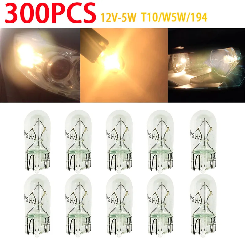 300pcs T10 2825 12V 5W Halogen w5w 168 Wedges Signal Lamp Instrument Light Auto Interior Reading Light Clearance Lamp Warm White