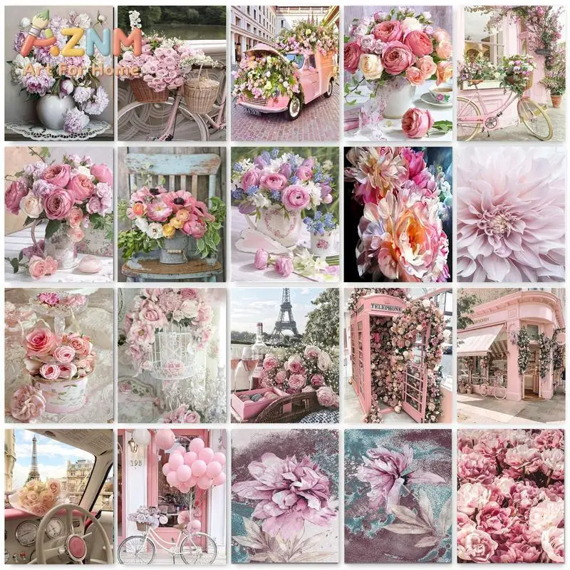 AZNM Pink Rose Peony Floral Canvas Wall Art, Paris Eiffel Tower Vintage Bicycle Flower Photography Print, Romantic Bedroom Home