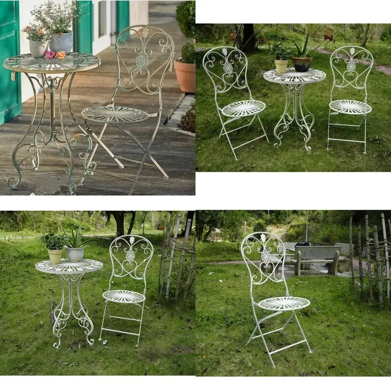 Wrought Iron 3 Piece Foldable Courtyard Table and Chair Set Outdoor Furniture for Balcony Terrace Garden Leisure