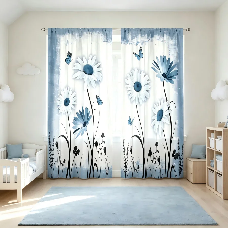 2PCS Digital Print  Curtain, Blue Frame Daisy, Bohemian Style  Curtain Panel for Home Living Room Bedroom Decor