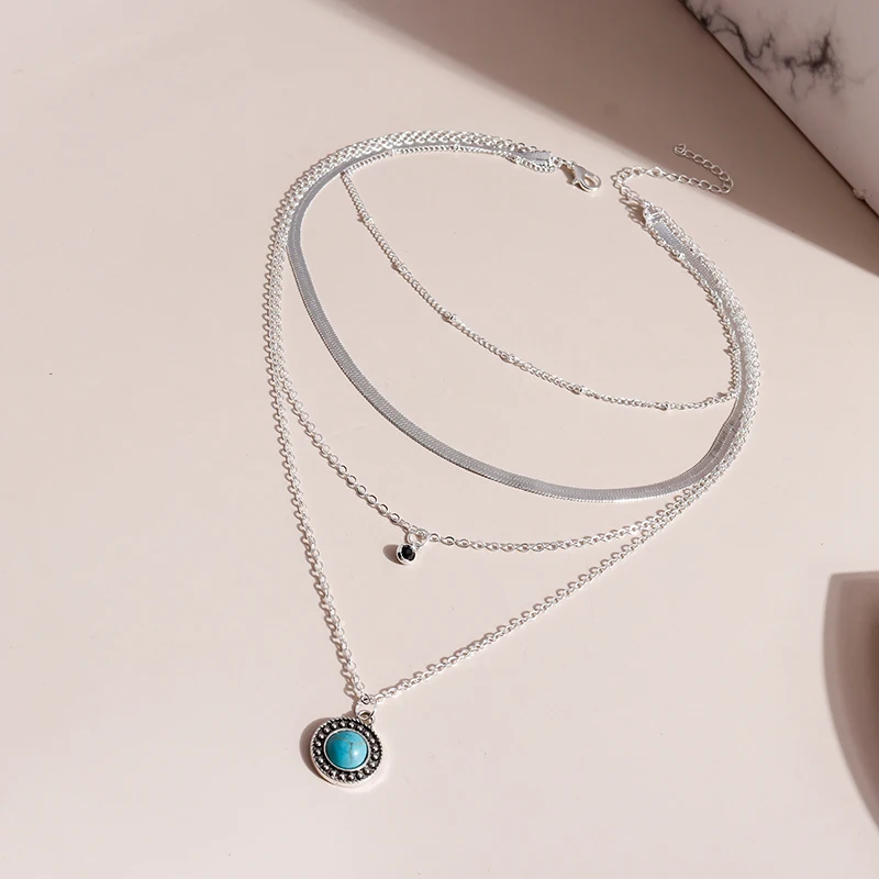 Aihua Vintage Multilayer Wasser Tropfen Mond Schloss Hamsa Hand Ketten Halsketten für Frauen Schmuck Silber Farbe Lange Anhänger Halsketten – Detail 4