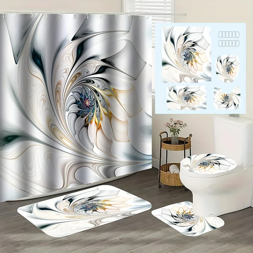 

Набор занавесок для душа с волнистым принтом из 4 предметов, включая занавеску для душа, нескользящий напольный коврик, чехол на сиденье унитаза, коврик для ванной комнаты