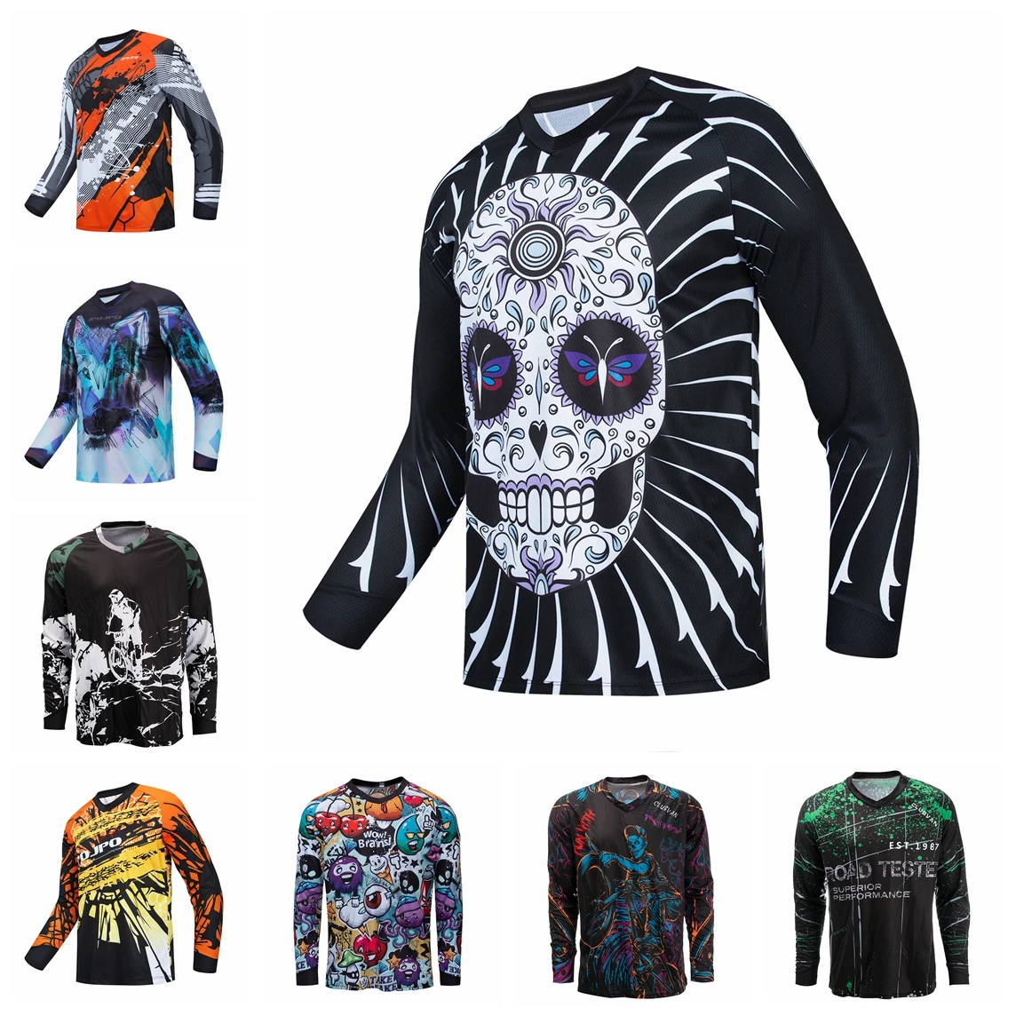 2022 Cycling Jersey Men Mountain Bike Motocross Jersey long sleeve BMX DH MTB Shirt Downhill Top Sports racing Riding Skull Blue