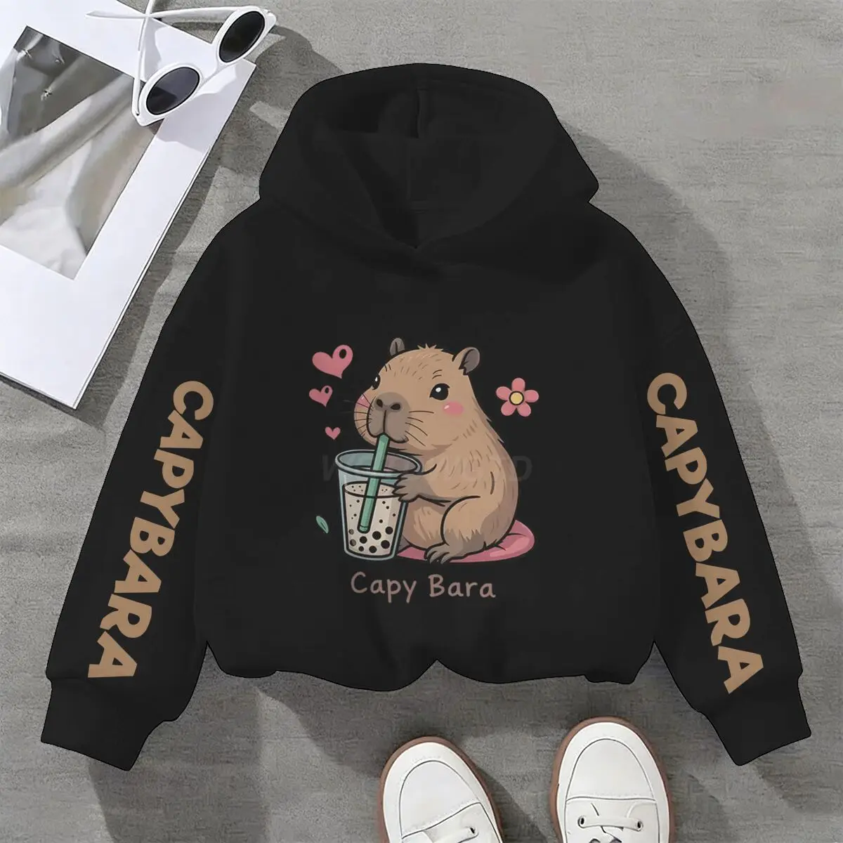 Spring Funny Capybara Animal Hoodie Cute Capybara Drinking Boba Tea Printed Hoodie Girls Boys Fashion Streetwear Kids Clothes