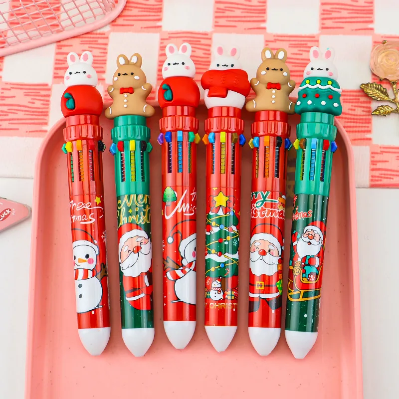 

Десятицветная шариковая ручка с рождественским кроликом, многоцветная ручка для прессования, высококачественные моделирующие цветные канцелярские принадлежности, обратно в школу