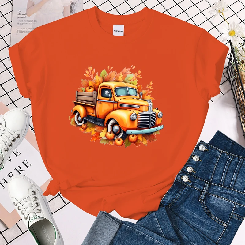 

(Premium T-shirt)Fall Truck Print T-Shirts For Women Summer Casual T-Shirts O Neck Short-Sleeved T-Shirts Fashion Tshirt