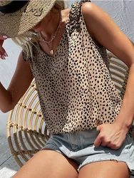 MiuKoMiYa Summer Leopard Chiffon Blouse Women Tops Sleeveless V Neck Office Tank Blouses Ladies 2023 Khaki Leopard Blouse Woman