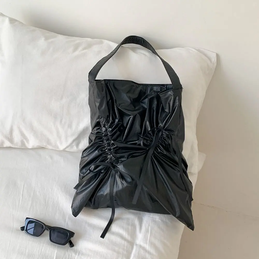 

Korean Style Bow Drawstring Bag Bowknot Commute Nylon Ruched Shoulder Bag Niche Design Large Capacity Silver Tote Bag