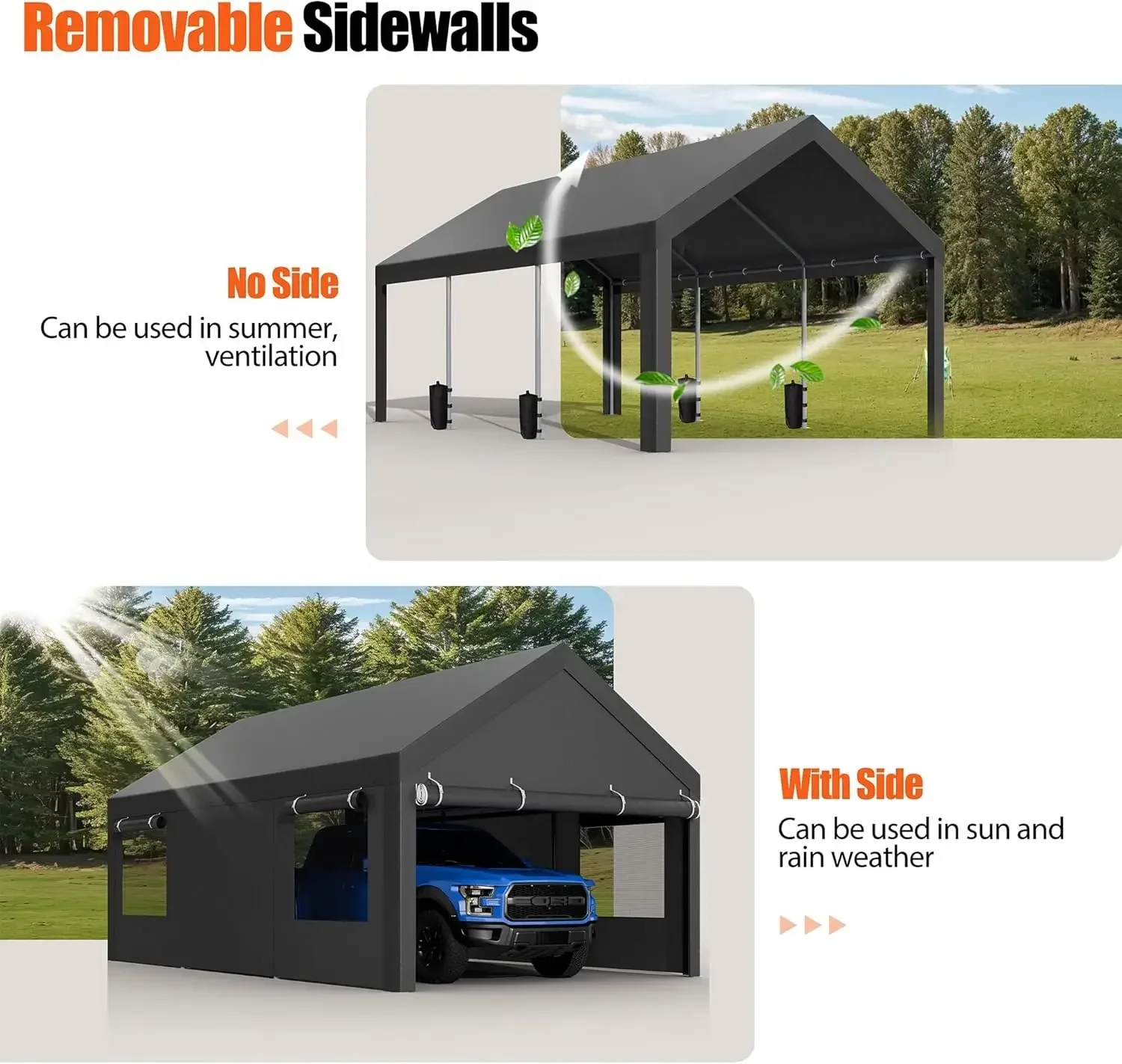 Carport, Carport resistente de 12x20 pies con ventanas enrolladas, garaje portátil con paredes laterales y puertas extraíbles, dosel para coche, barco