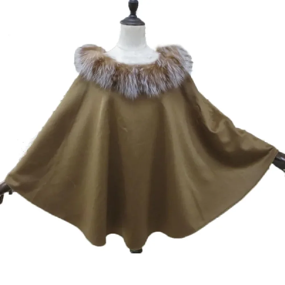 

Winter Cashmere Shawl Wraps Women's Real Fox Fur Collar Poncho Party Cloak Female Wool Long Cape Coat/4Colors