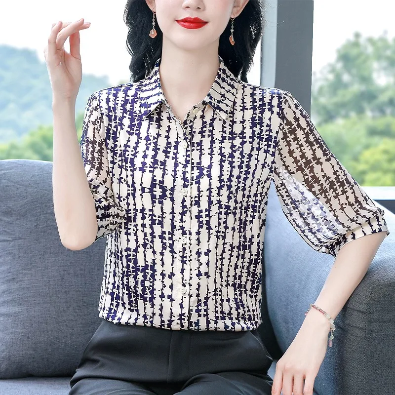 

Vintage Women's Blouses Printed Casual Shirts Fashion Loose Summer Clothing Short Sleeved Satin Women Tops