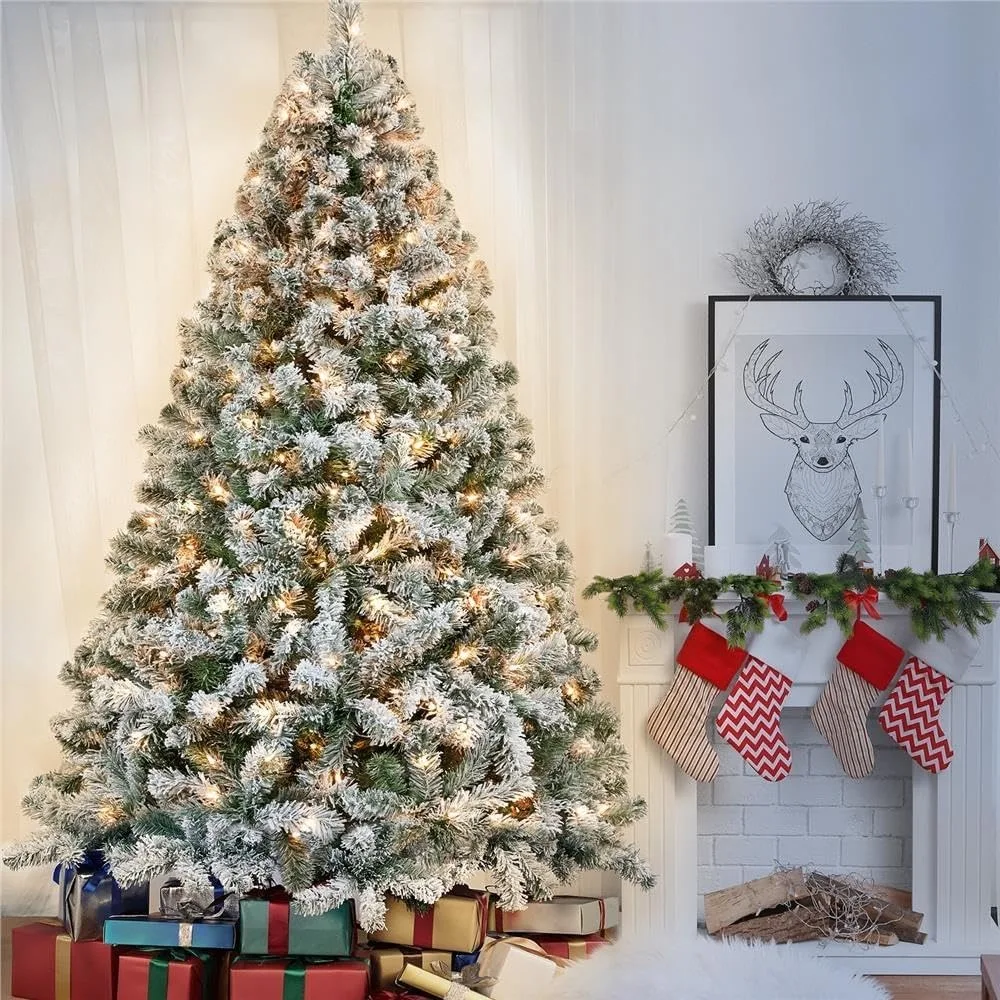

7.5ft Pre-lit Artificial Christmas Tree W/Incandescent Warm White Lights, Snow Flocked Full Prelighted Xmas Tree W/128