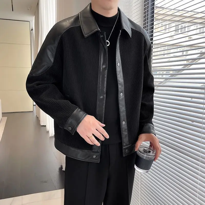 

2026 New Men's Short Jacket Autumn Winter Splicing Turn Down Collar Casual Outerwear Korean Style Loose Fit Trendy Coat