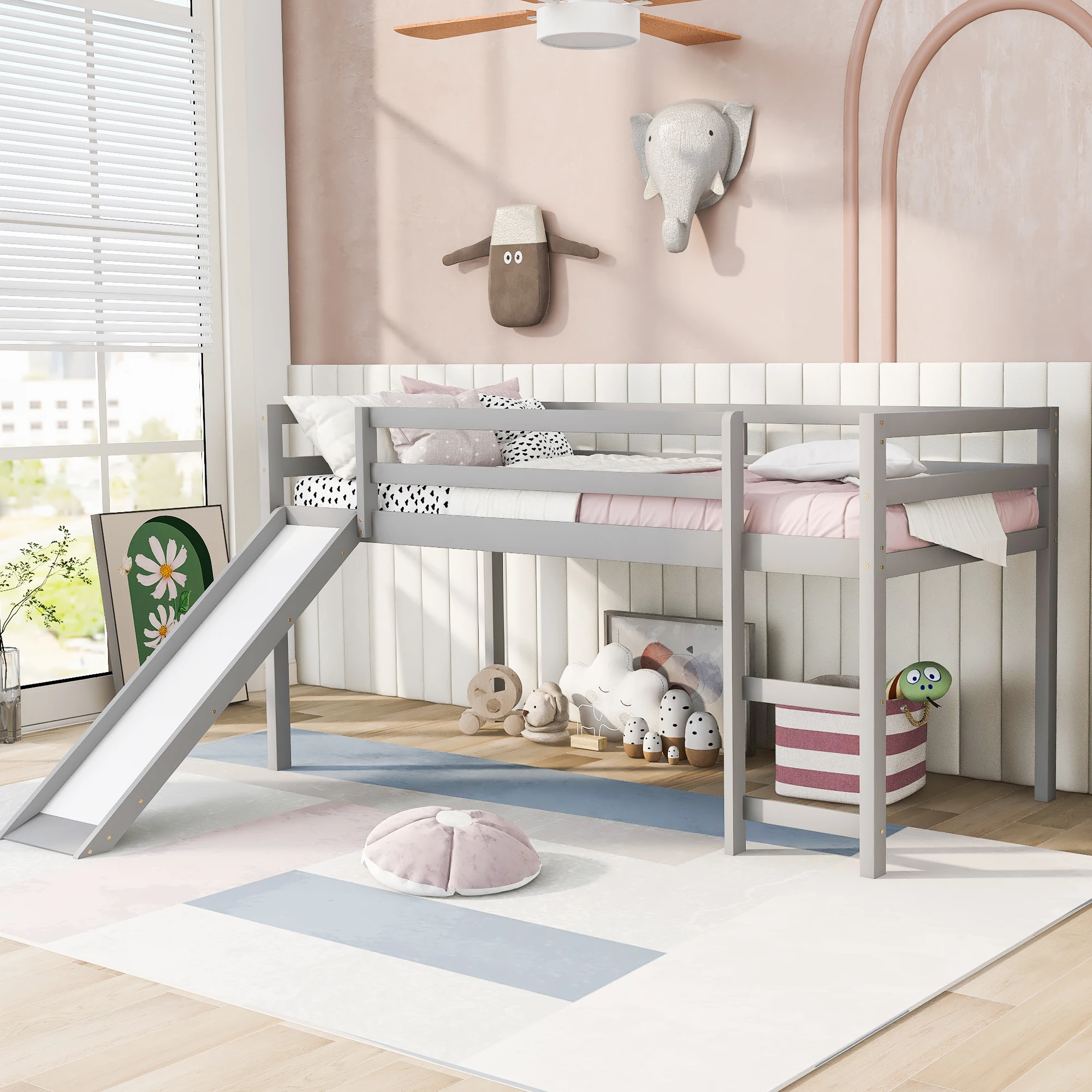 

Loft Bed with Slide, Multifunctional Design, Twin, Gray 79.50x41.80x44.40 in.