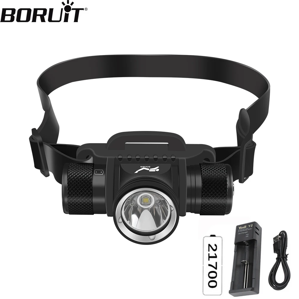 BORUiT HP900 LED Diving Headlamp 3000LM 60 Meters Underwater Headlight 5 Lighting Modes IPX8 Waterproof HeadLight 21700 Battery