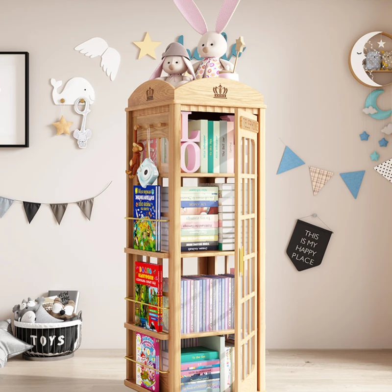 Solid Wood Rotating Bookcase with Door Storage Cabinet