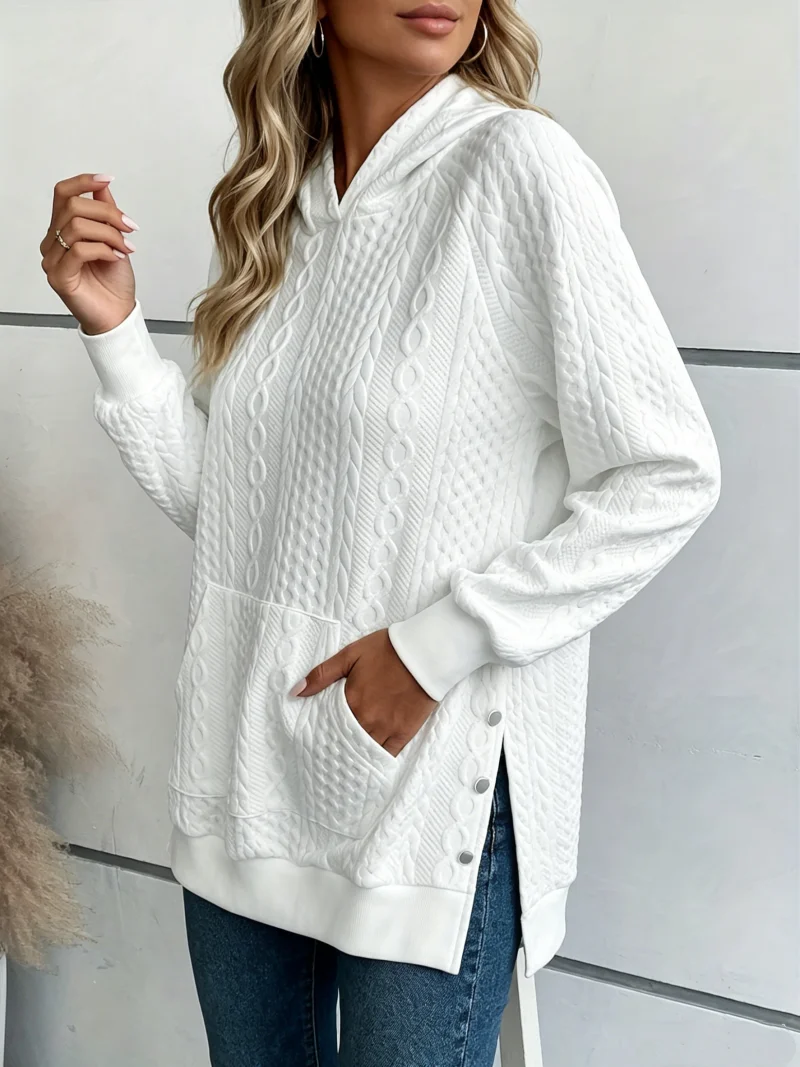Women Long Sleeve Hooded Pullover Cable Texture Kangaroo Pocket Side Button Split Hem Loose Sweatshirt