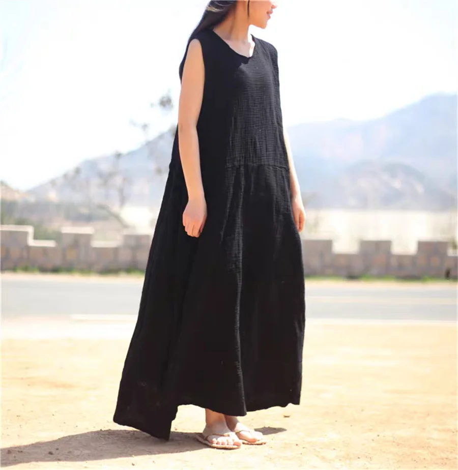 

2026 Women's Cotton Linen Sleeveless Maxi Dress Casual Vintage plus Size Summer Long Dress Comfortable Breathable Gown