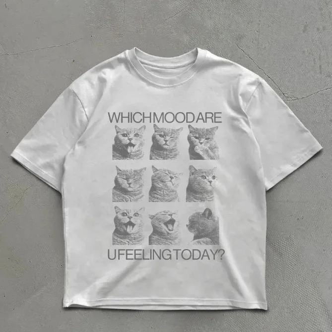 Y2K Sweet Cute Meme Cat Mood Grid White Oversized Tee Funny 9 Expression Kittens Soft Cotton Loose Casual T Shirt for Cat Lovers